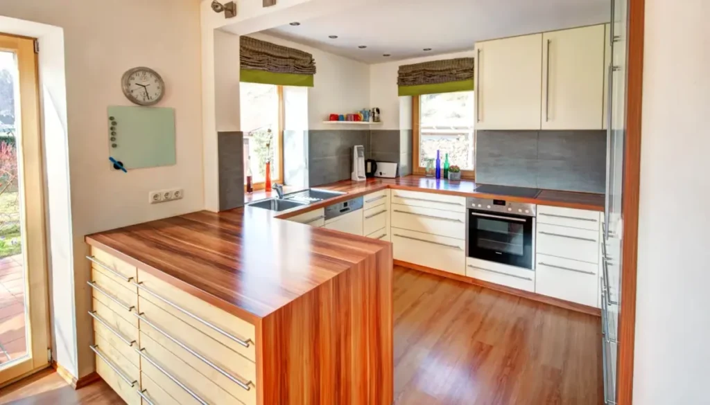 Maßgefertigte Küche in Schongau mit Kirschbaum-Arbeitsplatte, hellen Fronten und Raffrollos am Fenster