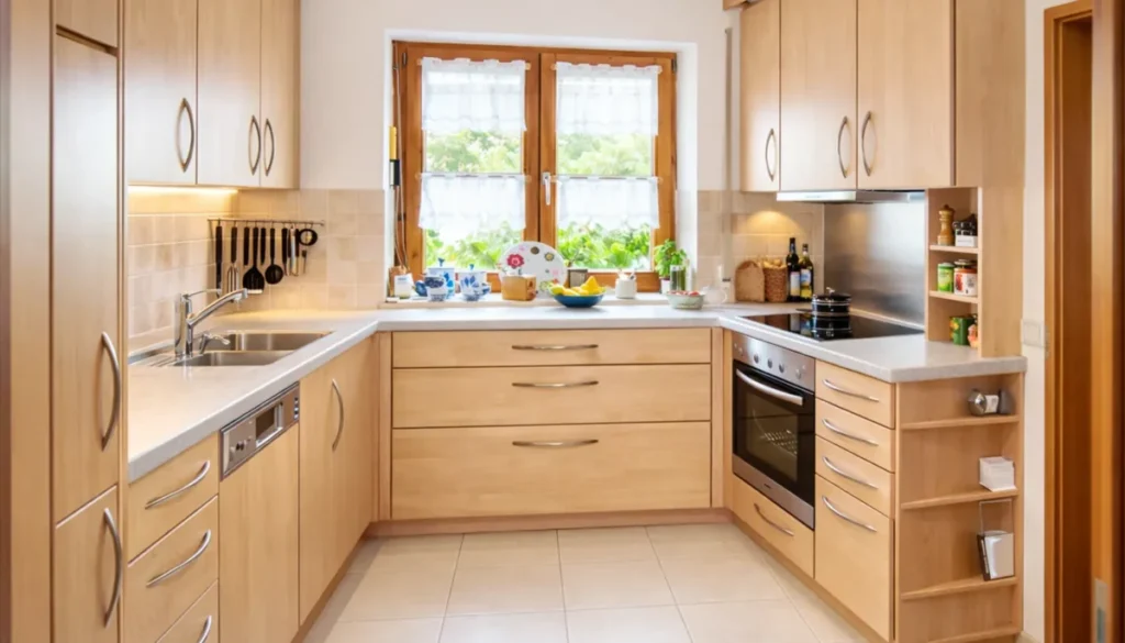 Schräge Küche aus Ahorn nach Maß in Schongau mit heller Arbeitsplatte und viel Stauraum