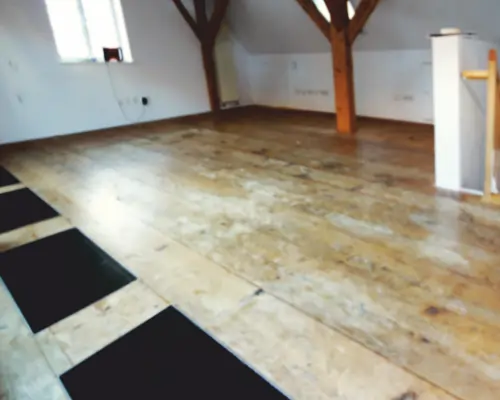 Parkettboden vor der Aufbereitung, abgenutzte Oberfläche mit sichtbaren Gebrauchsspuren und unregelmäßigen Stellen.