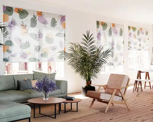 Wohnzimmer mit MHZ Plissees, freihängend von oben