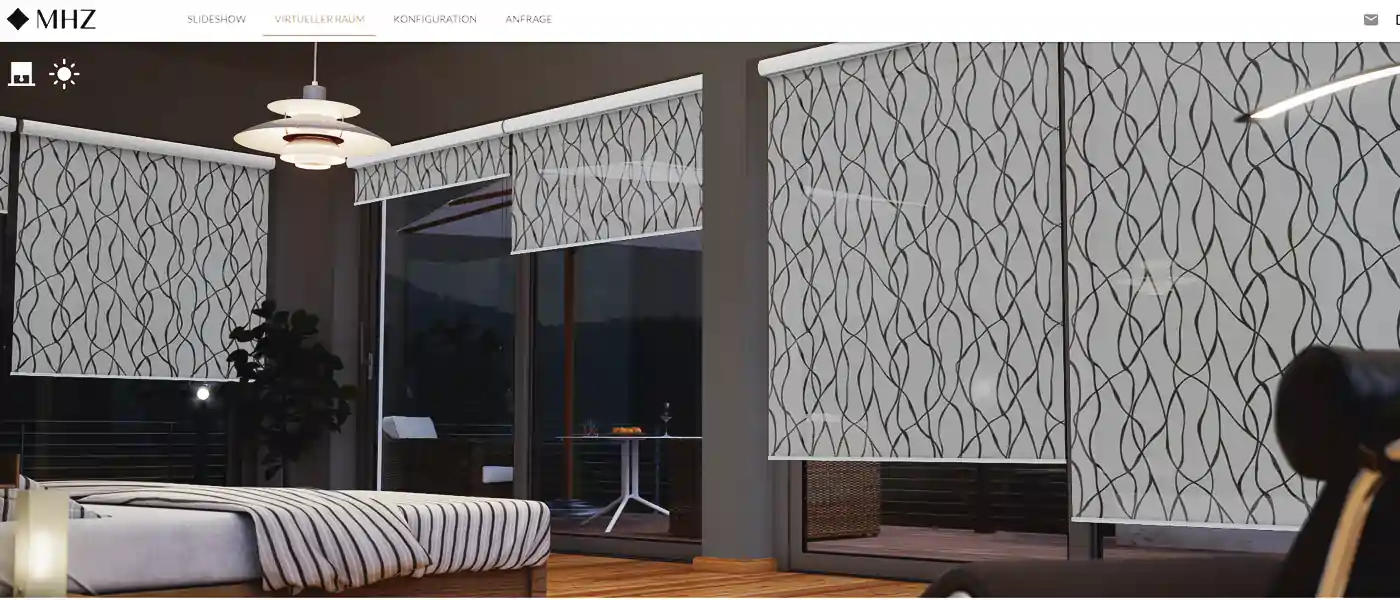 MHZ Rollo mit weißem Stoff und schwarzem, geschwungenem Linienmuster vor großen Fenstern in modernem Schlafzimmer mit Bett und Deckenleuchte.