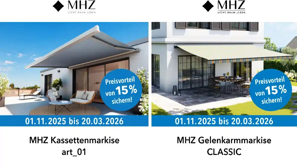 Zwei nebeneinander angeordnete Bilder zeigen unterschiedliche Markisenmodelle von MHZ. Links ist eine moderne, weiße Kassettenmarkise über einer Terrasse mit Sitzmöbeln zu sehen. Rechts ist eine klassische Gelenkarmmarkise in heller Farbe über einer Hausfassade mit großen Fenstern angebracht. Beide Bilder tragen einen blauen Kreis mit dem Text 'Preisvorteil von 15 % sichern!'. Unter den Bildern steht der Aktionszeitraum '01.11.2025 bis 20.03.2026'. Die linke Markise ist mit 'MHZ Kassettenmarkise art_01' beschriftet, die rechte mit 'MHZ Gelenkarmmarkise CLASSIC'. Oberhalb der Bilder befindet sich das MHZ-Logo mit dem Schriftzug 'LICHT. RAUM. LEBEN.'.