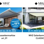 Zwei nebeneinander angeordnete Bilder zeigen unterschiedliche Markisenmodelle von MHZ. Links ist eine moderne, weiße Kassettenmarkise über einer Terrasse mit Sitzmöbeln zu sehen. Rechts ist eine klassische Gelenkarmmarkise in heller Farbe über einer Hausfassade mit großen Fenstern angebracht. Beide Bilder tragen einen blauen Kreis mit dem Text 'Preisvorteil von 15 % sichern!'. Unter den Bildern steht der Aktionszeitraum '01.11.2025 bis 20.03.2026'. Die linke Markise ist mit 'MHZ Kassettenmarkise art_01' beschriftet, die rechte mit 'MHZ Gelenkarmmarkise CLASSIC'. Oberhalb der Bilder befindet sich das MHZ-Logo mit dem Schriftzug 'LICHT. RAUM. LEBEN.'.