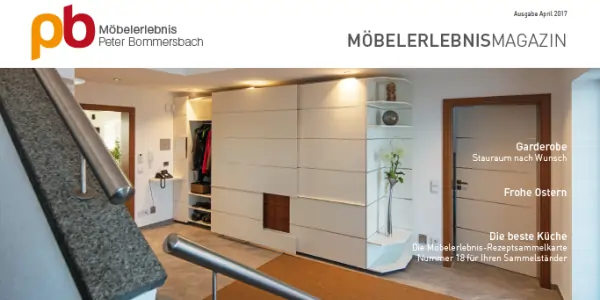 Garderobe mit moderner weißer Schrankwand, Treppe mit Edelstahlgeländer links, Tür mit Garderobe rechts, Vase mit Pflanze auf Schrank, Text mit Themenübersicht rechts