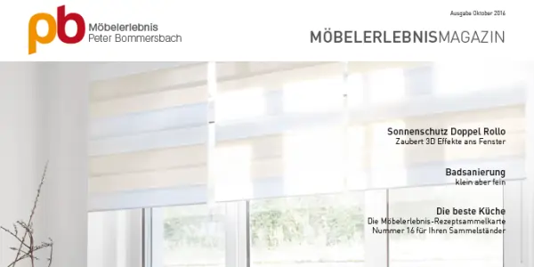 Titelseite des Möbelerlebnismagazins mit dem Logo von Peter Bommersbach, Ausgabe Oktober 2014, und Überschriften zu Sonnenschutz Doppel Rollo, Badsanierung und Küchensammelkarte.