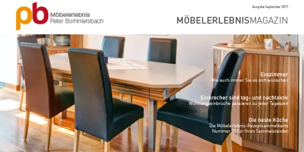 Esszimmer mit rechteckigem Holztisch und schwarzen Stühlen, im Hintergrund ein Sideboard mit Dekoration, Text mit Themen zu Esszimmer, Einbruchschutz