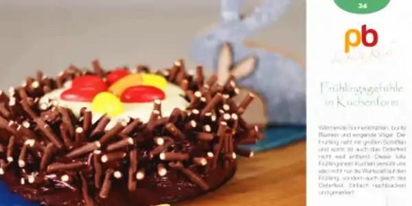 Die Rezeptkarte zeigt einen Schokoladenkuchen, der mit einer dicken Schicht Schokoladenglasur überzogen ist. Auf dem Kuchen sind Schokoladenstreusel in Form von kleinen Stäbchen verteilt. In der Mitte des Kuchens befindet sich eine Dekoration aus roten und gelben Fruchtgummis, die wie Blütenblätter angeordnet sind. Im Hintergrund ist unscharf ein graues Stofftier zu erkennen. Oben rechts auf der Karte steht das Logo mit den Buchstaben 'pb' in orange und rot. Darunter ist der Titel 'Frühlingsgefühle im Kuchenform' zu lesen. Der Text darunter beschreibt die Zutaten und Zubereitung des Kuchens, ist aber nur teilweise lesbar.