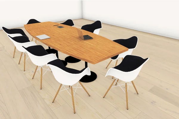 Moderner Konferenztisch aus Holz Eiche mit acht weißen Stühlen mit schwarzen Sitzflächen in einem hellen Raum.