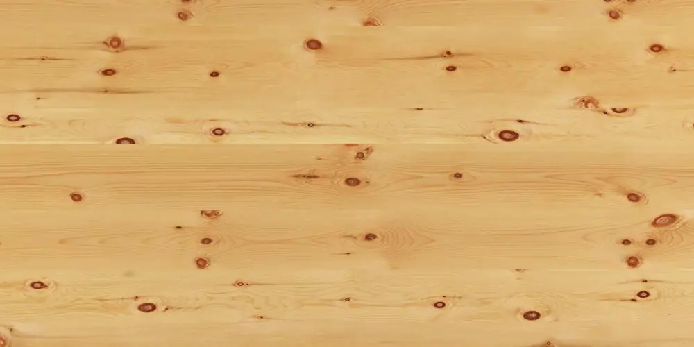 Nahaufnahme von astigem Kiefernholz mit sichtbaren Ästen, hell- bis gelblich-brauner Farbe und natürlicher Holzstruktur.