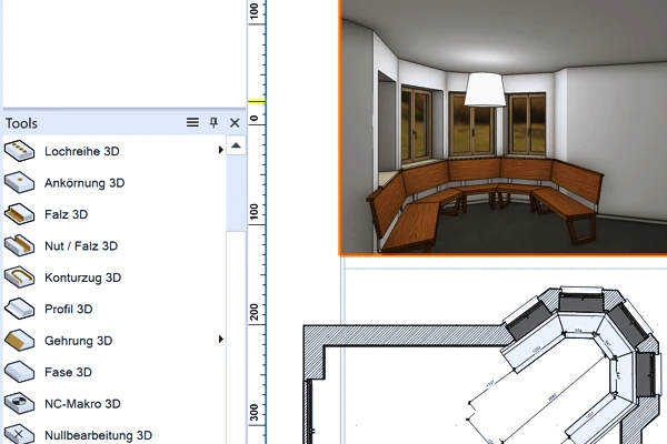 CAD-Planung: 3D-Ansicht und Grundriss einer maßgefertigten Eckbank