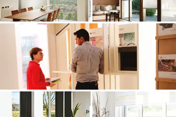 Collage zu Sonnenschutz: Wohnbeispiele und Beratungssituation im Showroom