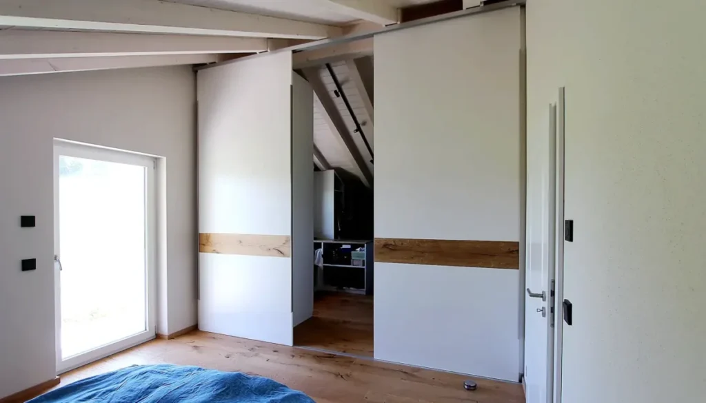 Begehbarer Kleiderschrank unter Dachschräge in Rottenbuch mit raumhohen Schiebetüren