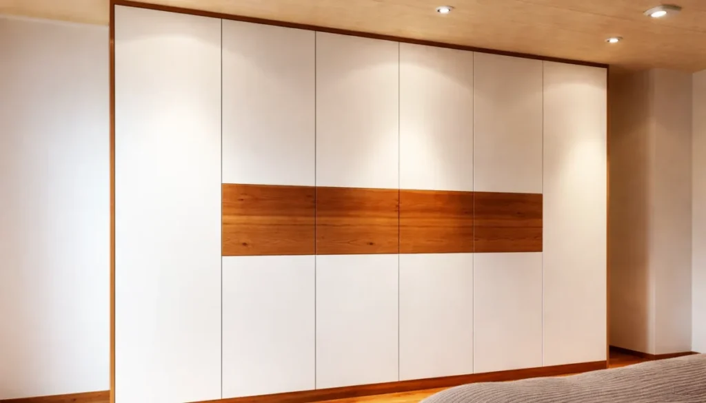 Maßgefertigter weißer Einbauschrank mit horizontalem Holzband im Schlafzimmer