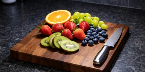 Holzschneidebrett mit geschnittenen Kiwischeiben, Erdbeeren, Blaubeeren, grünen Trauben, einer Orangenscheibe und einem Messer mit schwarzem Griff auf dunkler Oberfläche Beleuchtung Kaltweiß