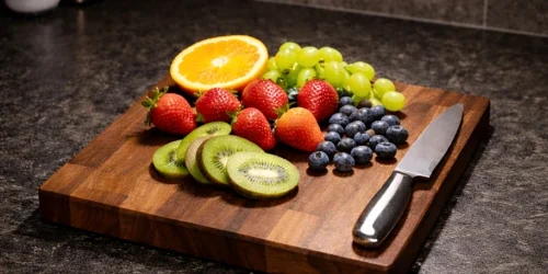 Holzschneidebrett mit geschnittenen Kiwischeiben, halbierter Orange, Erdbeeren, grünen Trauben, Blaubeeren und einem Messer mit schwarzem Griff auf dunkler Arbeitsfläche. Beleuchtung Neutralweiß